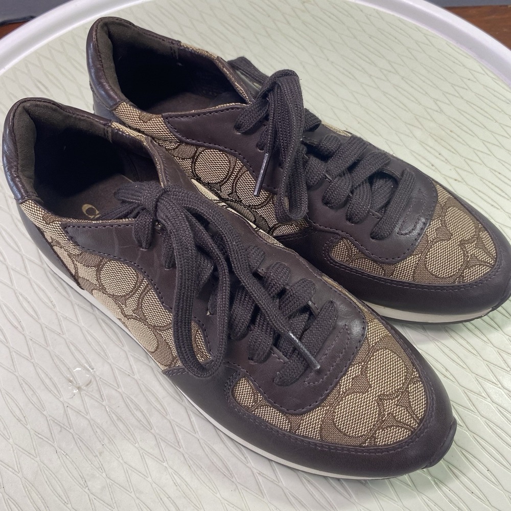 COACH Farah Womens Casual Leather Shoes Nappa Sig C brown Khaki US Sz.6B EUC